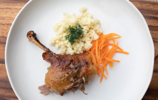 Keto duck confit with cauliflower rice and carrot julienne